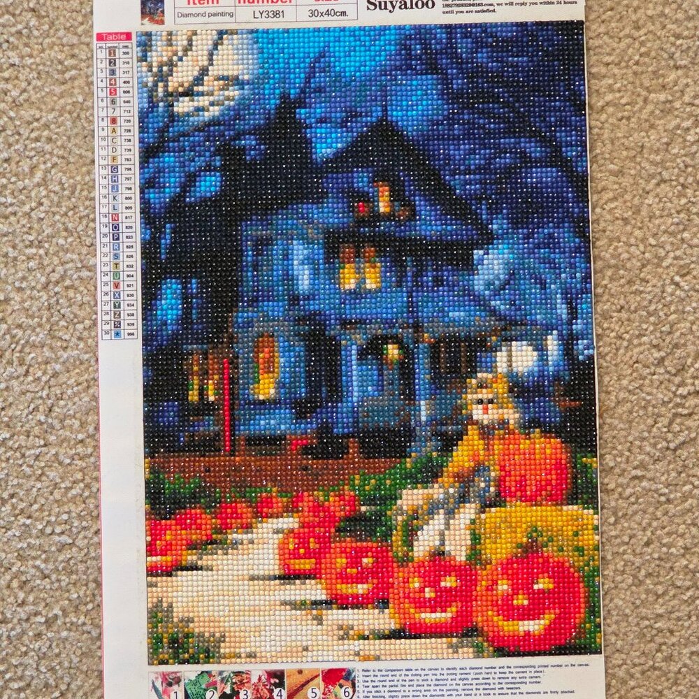 Finished Diamond Art Painting of Halloween Haunted House with Pumpkins(80)